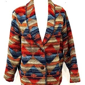 Coldwater creek Vintage Southwestern Aztec Print Blazer Jacket Red Navy Tan